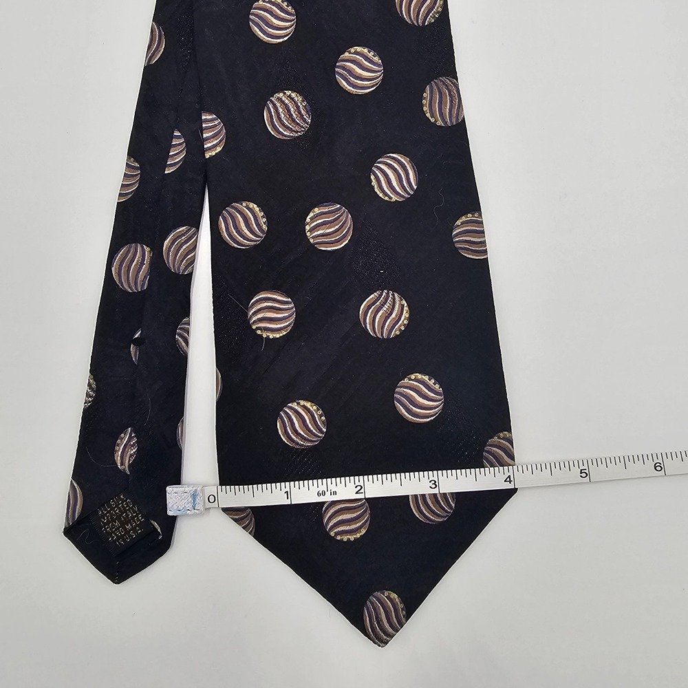 AKM‎ Men's Silk Necktie Black Gold Purple Polka Dot Pattern Made in USA 4" Wide - Picture 2 of 3